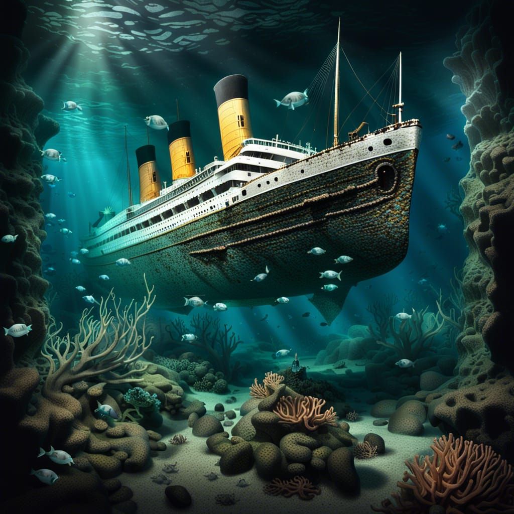 A haunted view of a heavily encrusted Titanic resting below ...