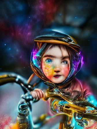 Child on Steampunk Bike in Nebula, 3D Art