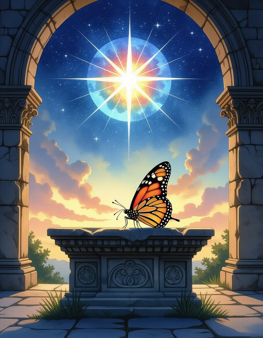Solitary Butterfly on Altar with Stained Glass Wings
