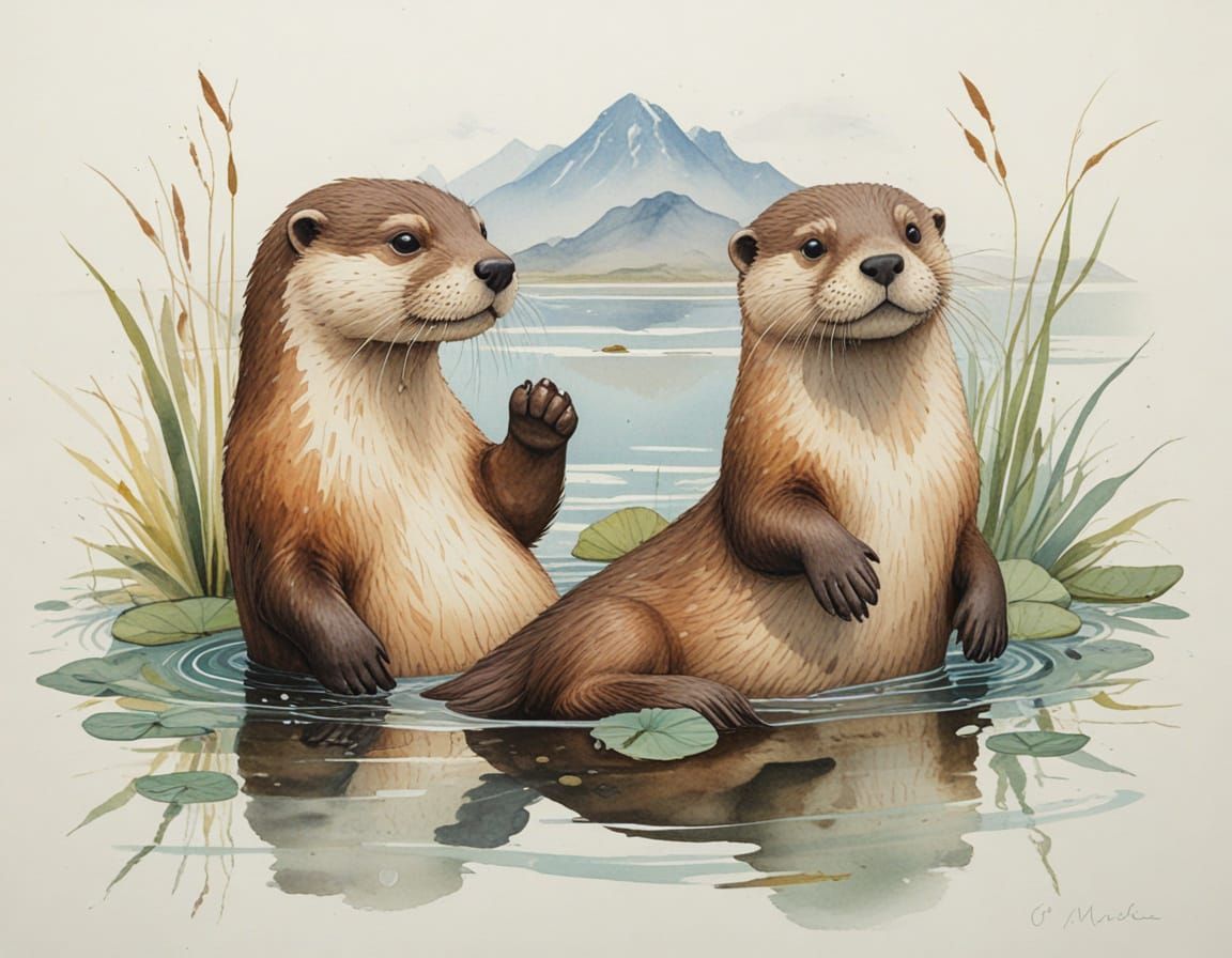 Otters Holding Paws in Reflective Lake with Mountains