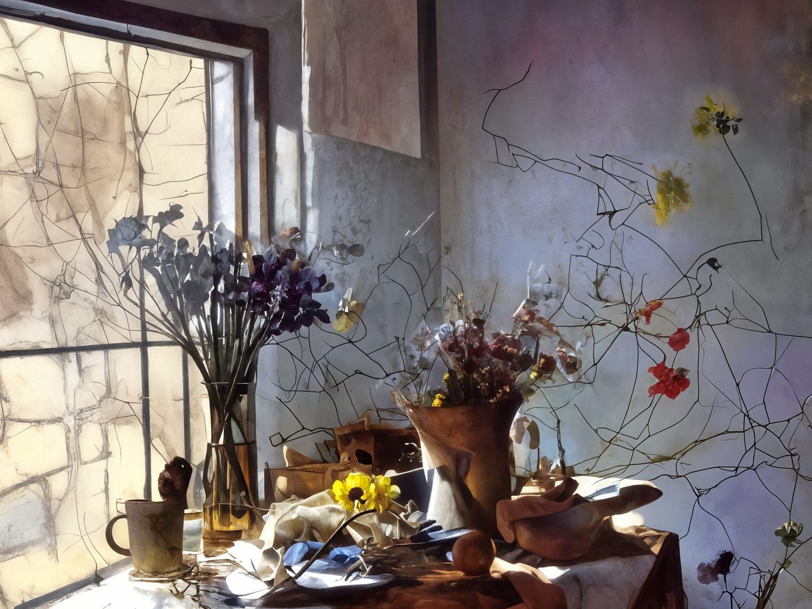 Hyperreal Table with Flowers, Pollock and Vermeer Style