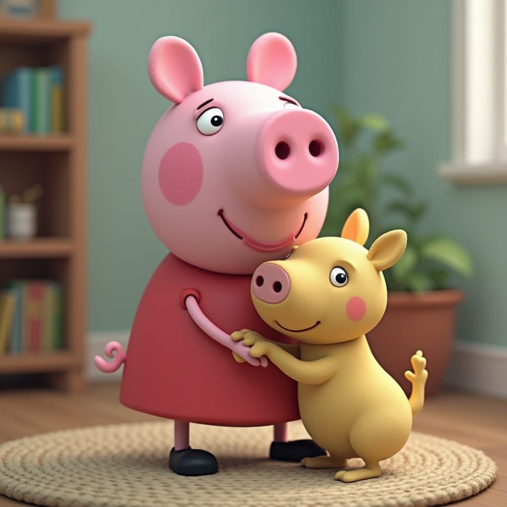 Peppa Pig Tenderly Holds a Playful Puppy