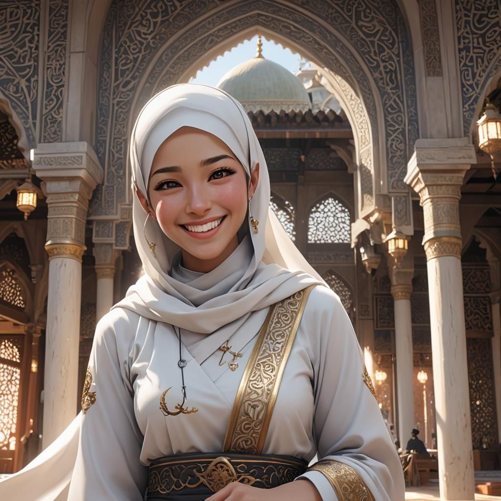 Smiling Muslim Girl in Anime Style 3D Art