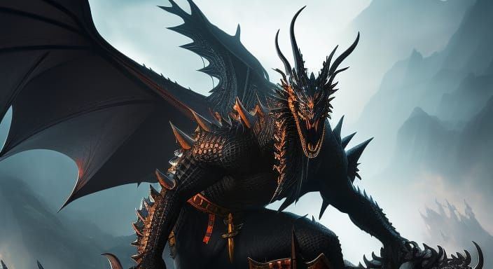 Detailed Black Dragon in Dark Fantasy Style
