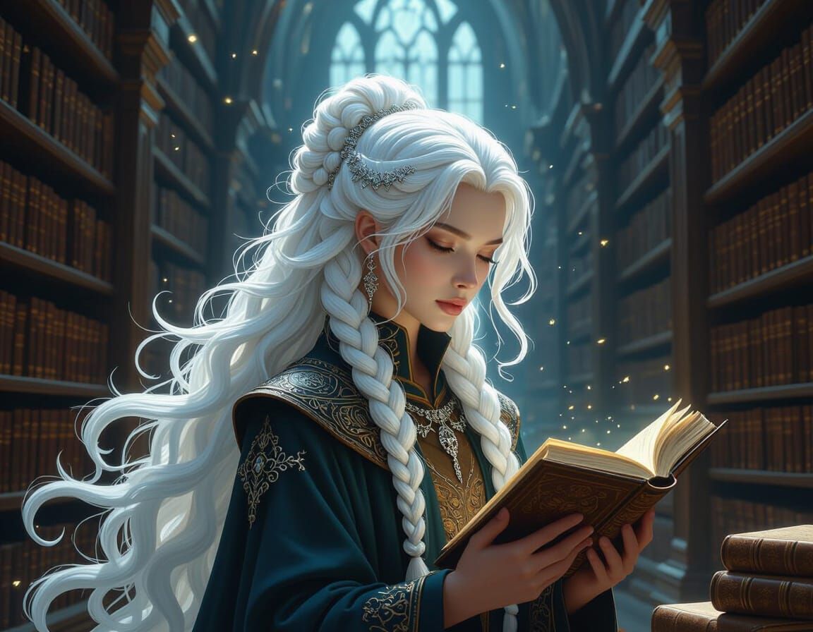 Ethereal Librarian in Mystical Library Illustration