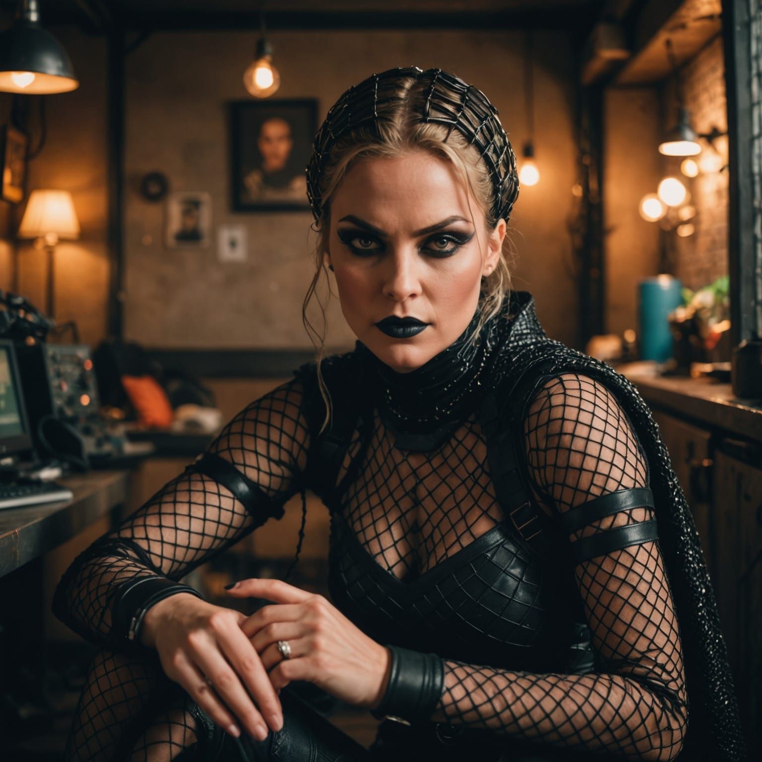 Supervillain Posing in Hideout with Bokeh Lighting