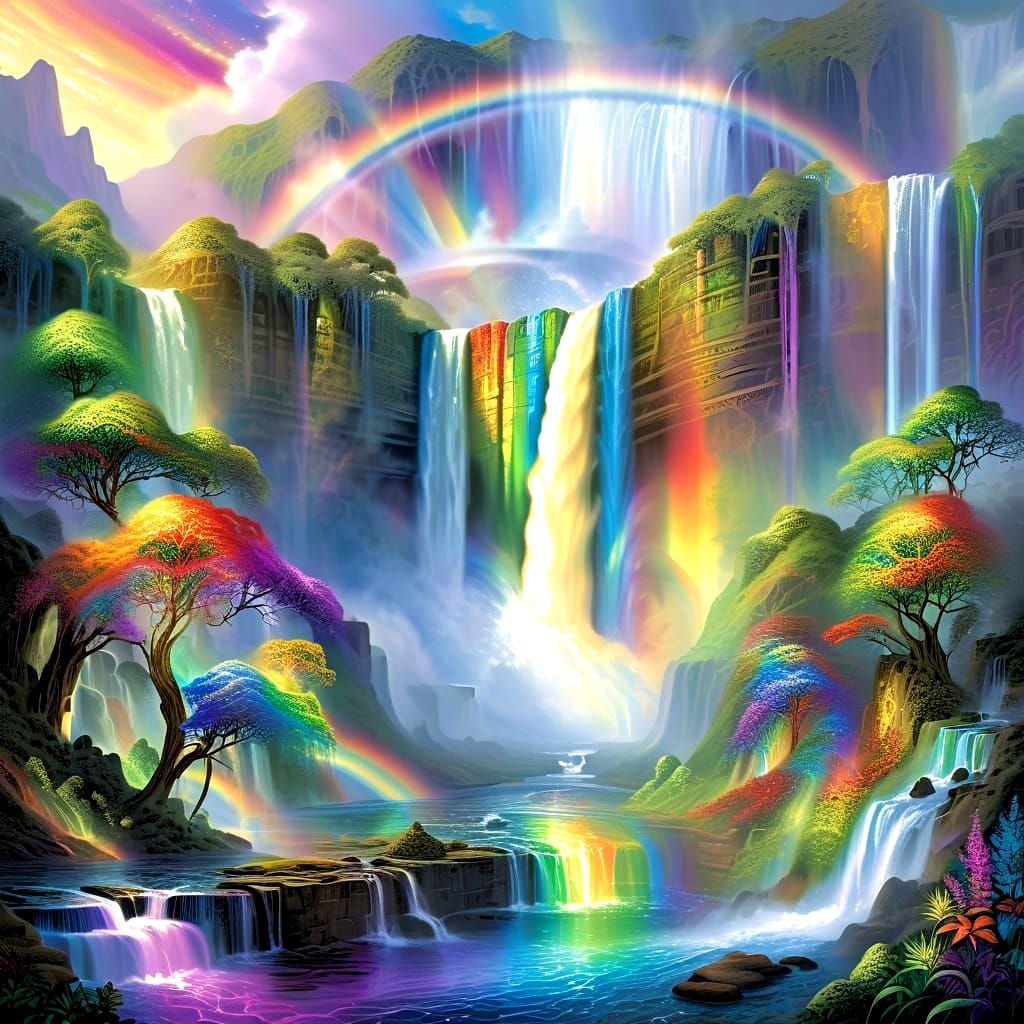 Rainbow Waterfall Landscape in Hyperrealistic Style