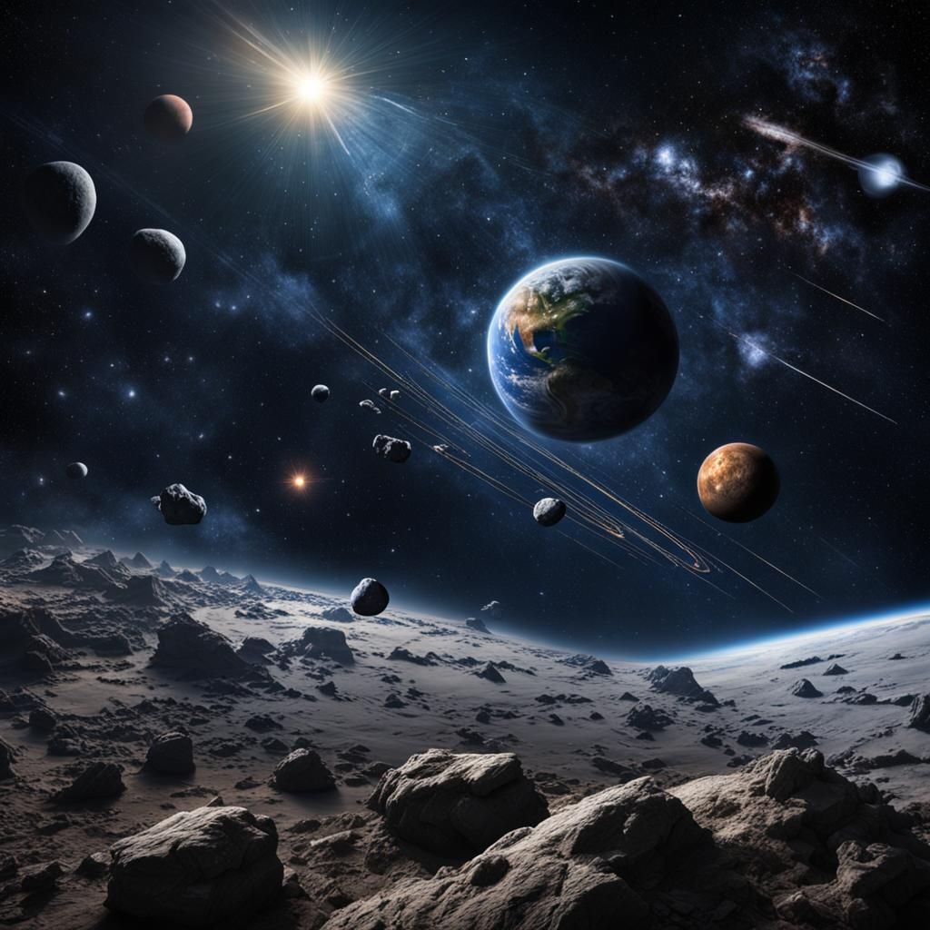 Hyperrealistic Space Scene with Constellations and Asteroids