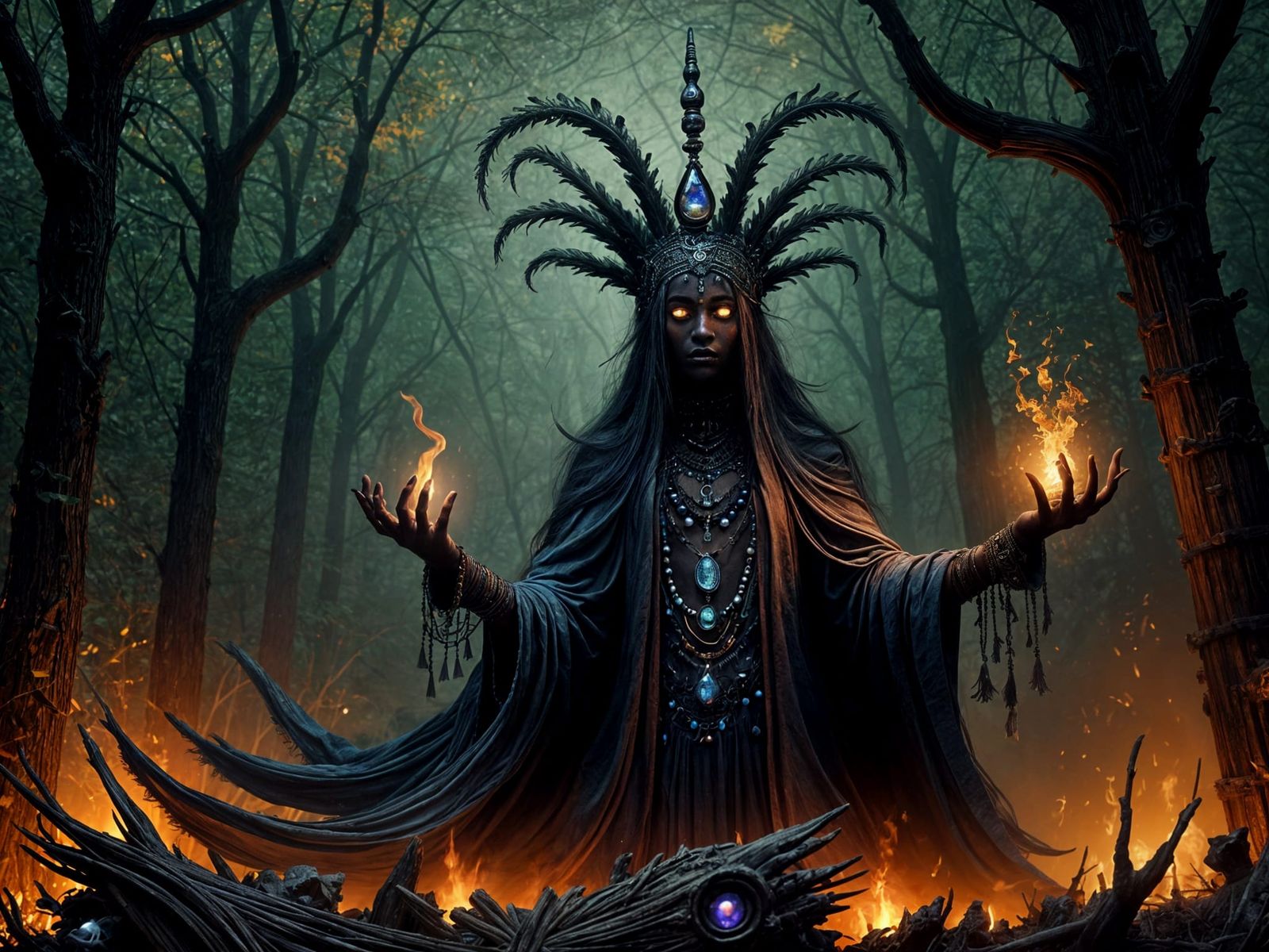 Voodoo Priestess Casting Spell in Ornate Attire