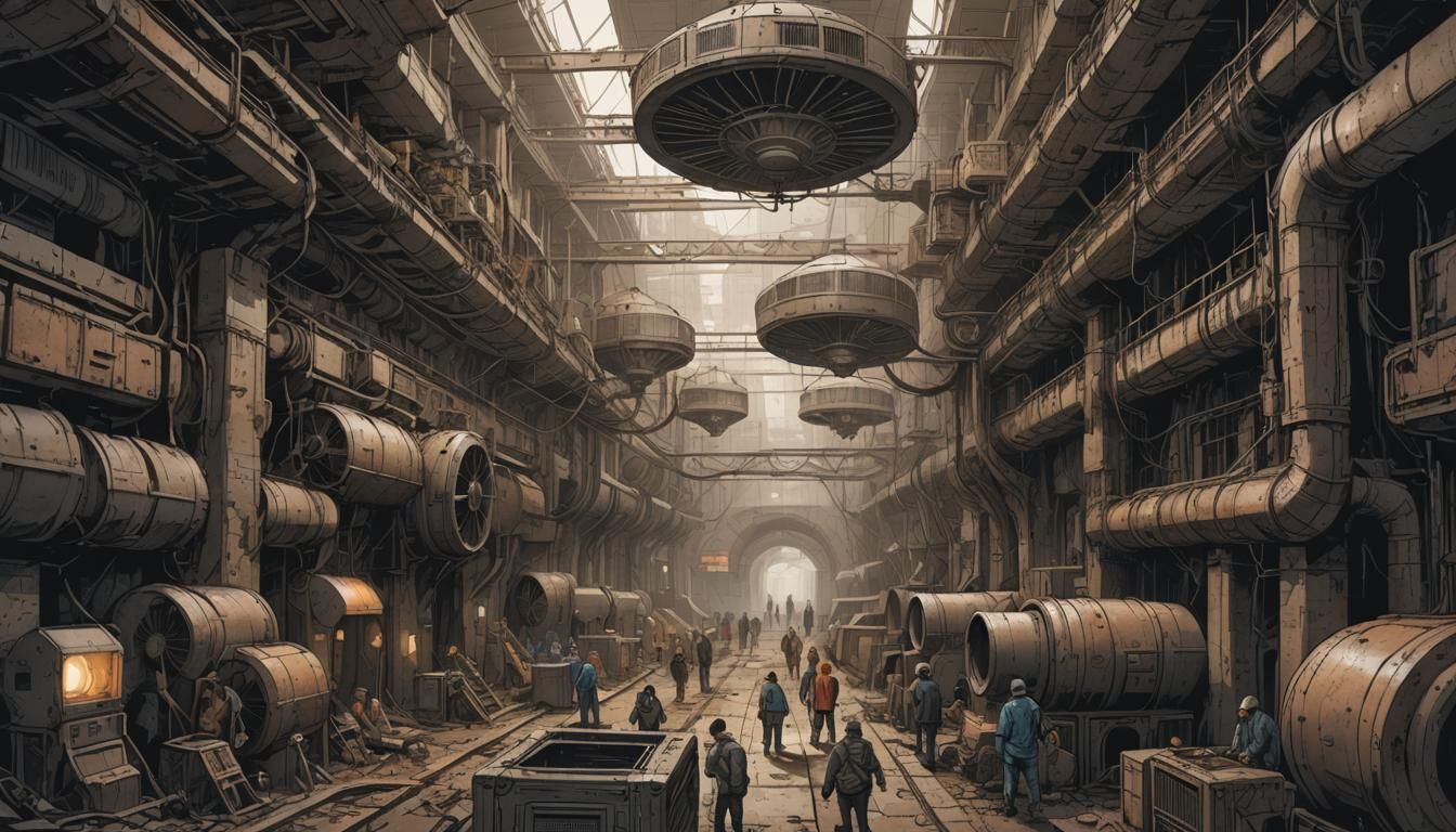 Dystopian Void Vaults: Underground city, dimly lit; people w...