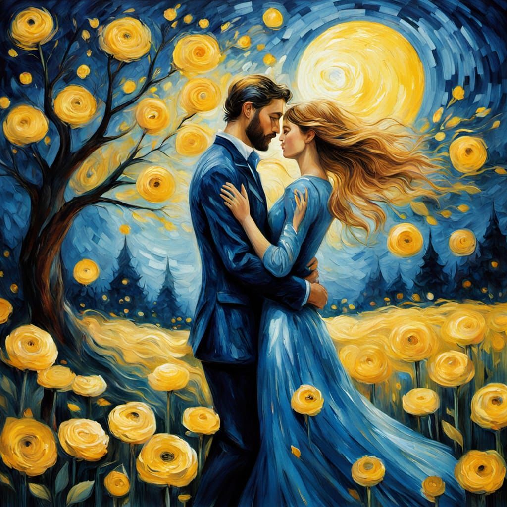 Impressionist Romance in Moonlit Garden with Sequined Couple