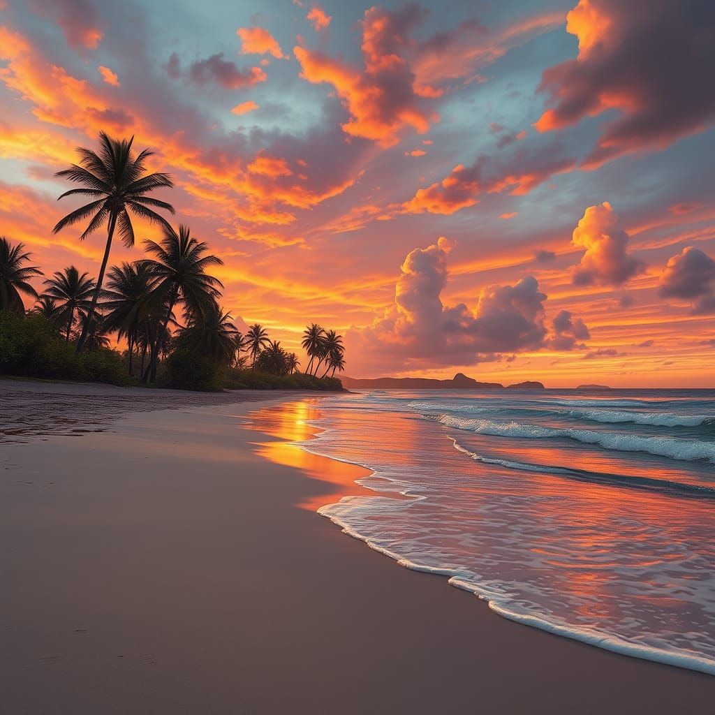 Hyperrealistic Sunset Beach with Palm Trees