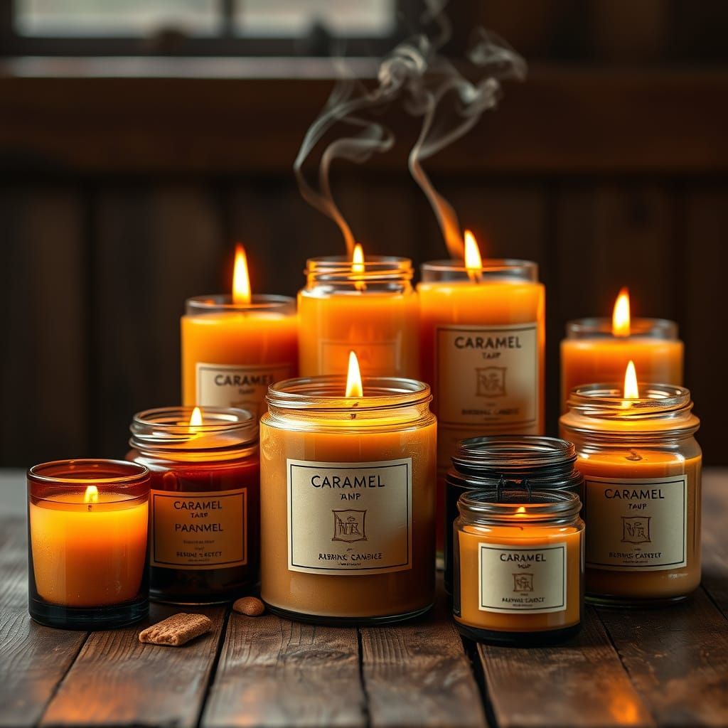 Artisanal Caramel Candles Flicker on Rustic Table