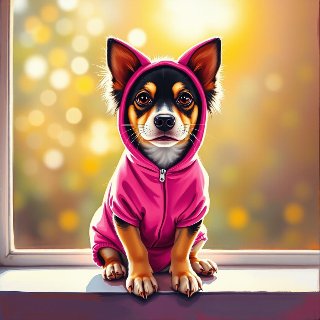 Dog in Pink Cat Costume: Modern Oil Painting