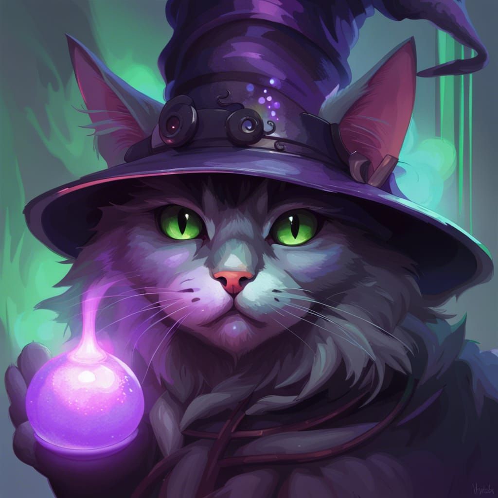 Striped Cat in Witch Hat Digital Art Portrait