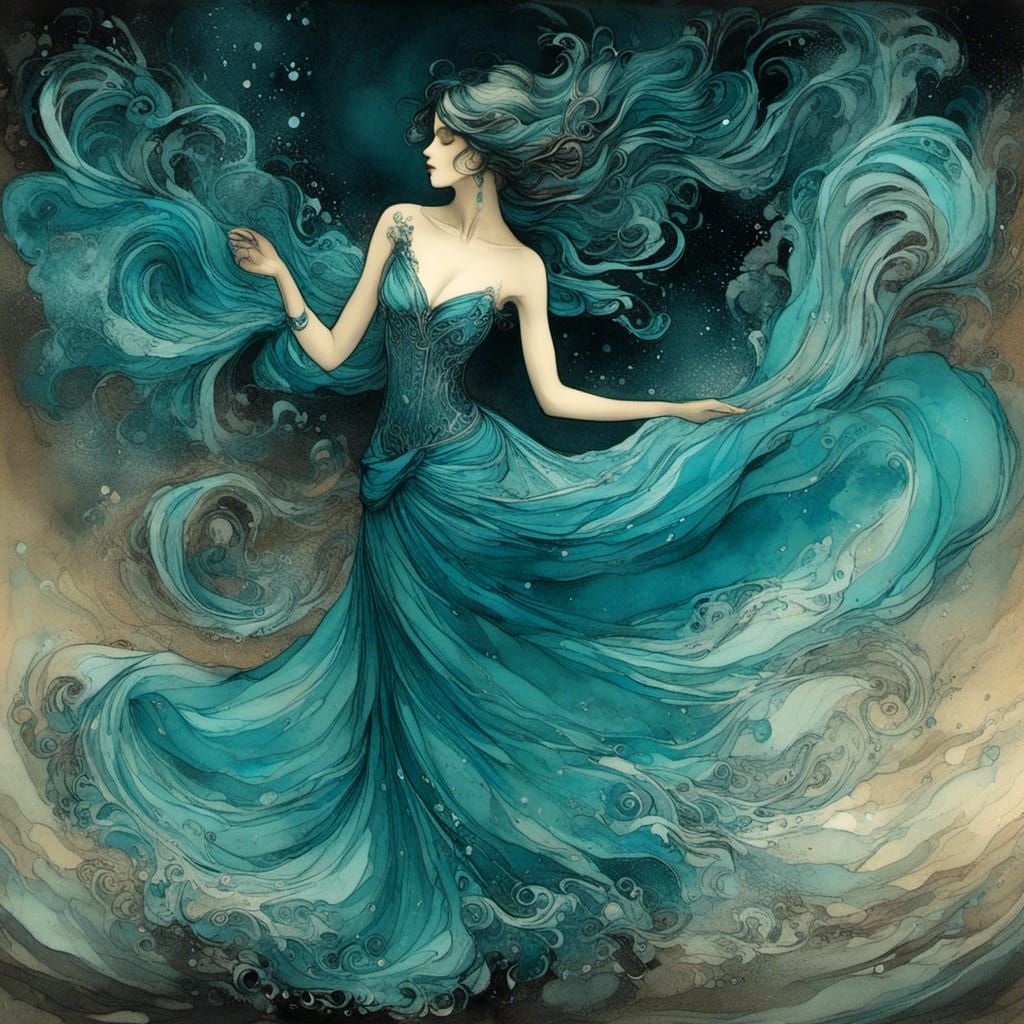 Ethereal Lady in Flowing Blue Gown