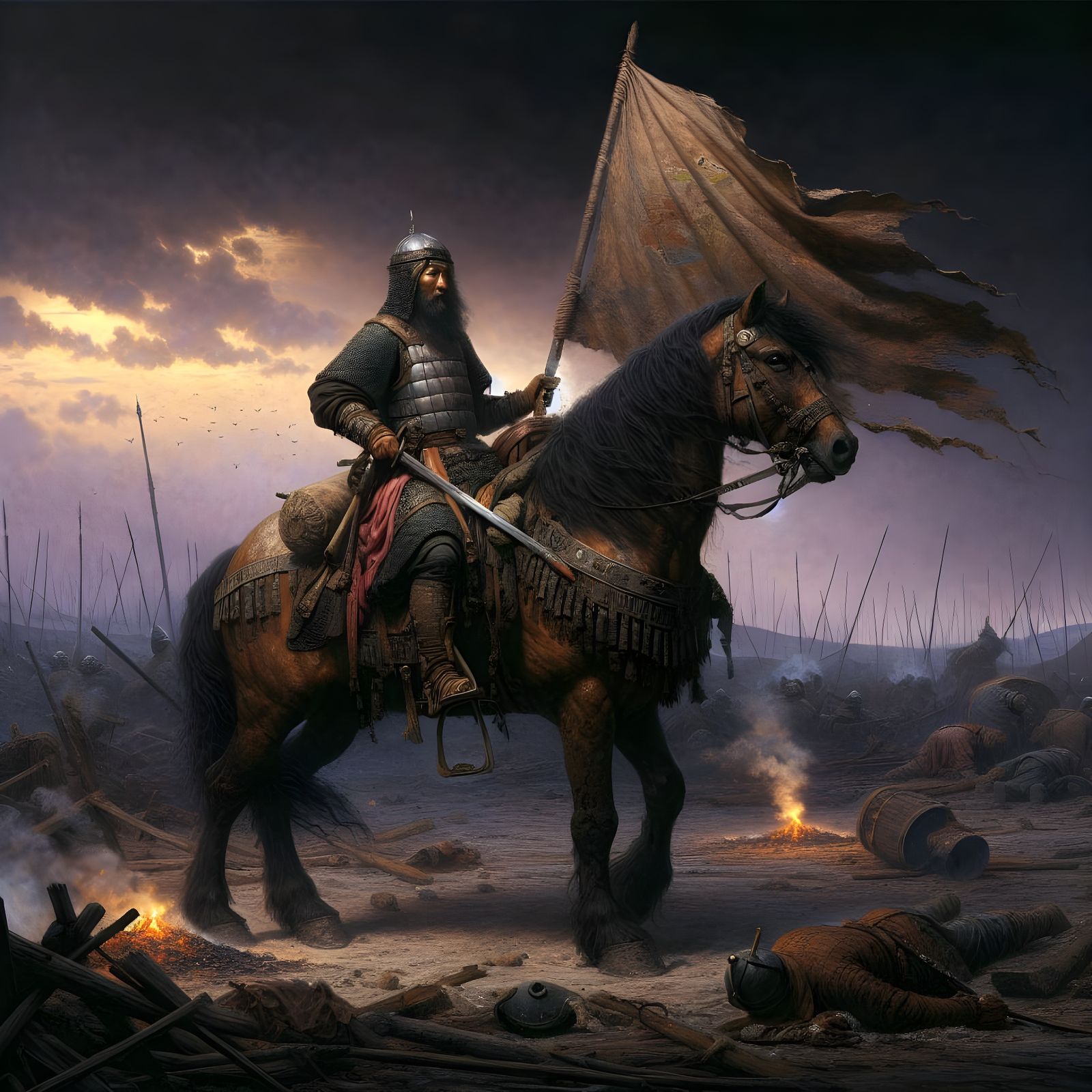Warrior on Battle-Worn Steed: Medieval Triumph in Oil Painti...