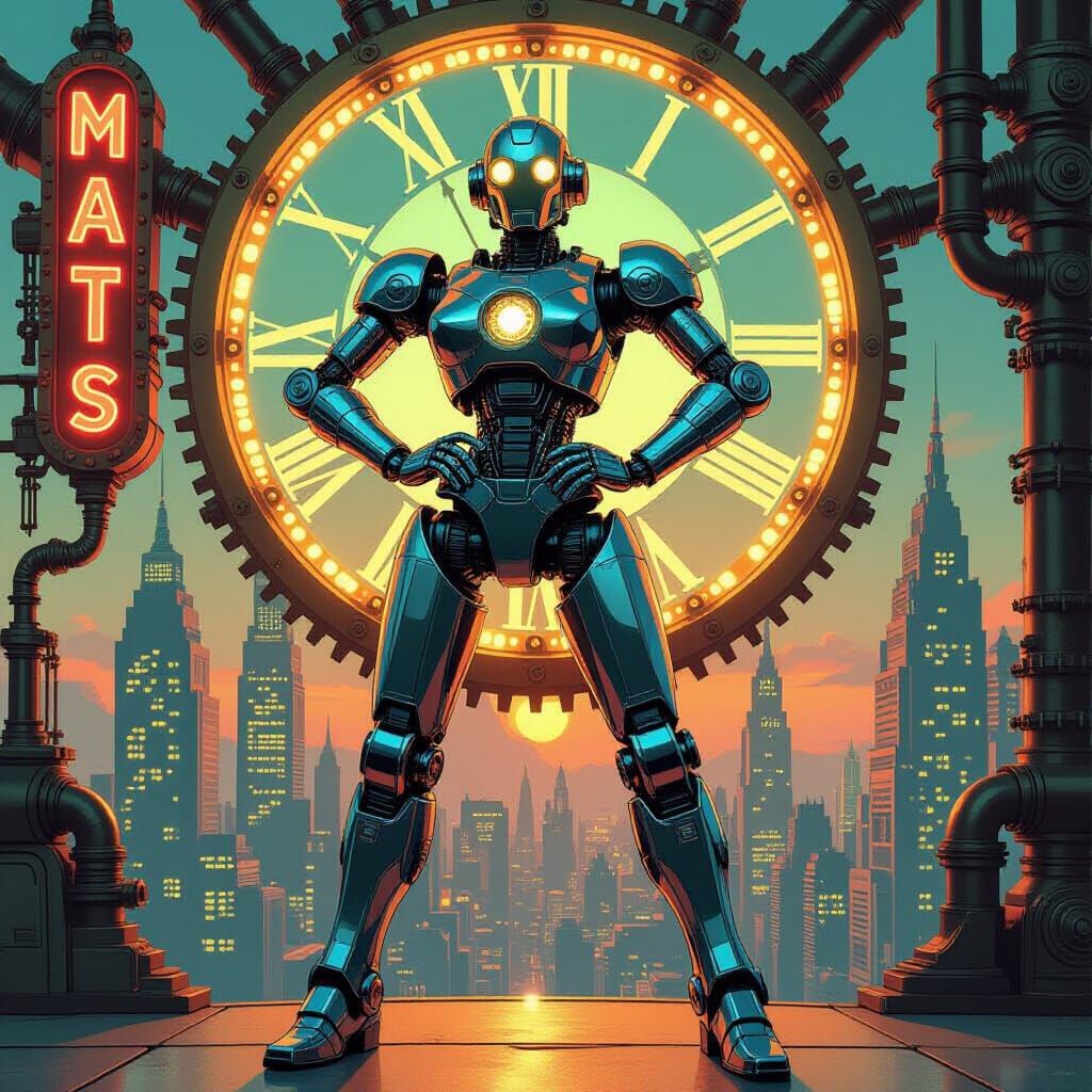 Pin-Up Robot in Retro-Futuristic Cityscape
