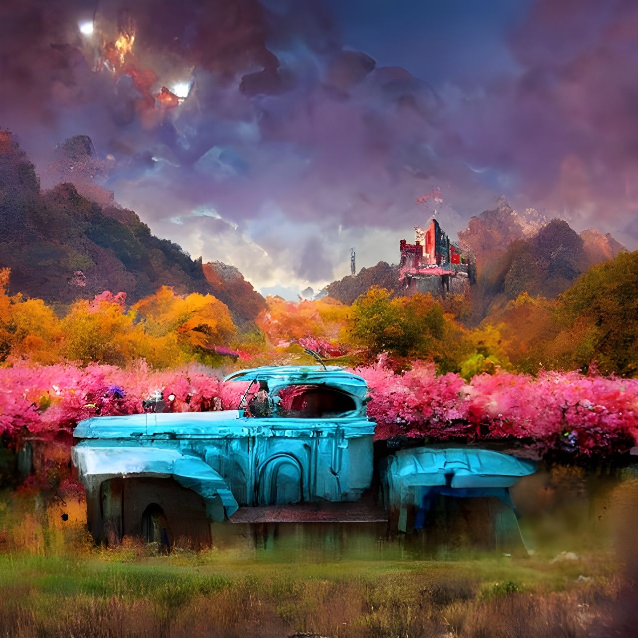 Detailed Medieval Castle Balcony with Pink Clouds