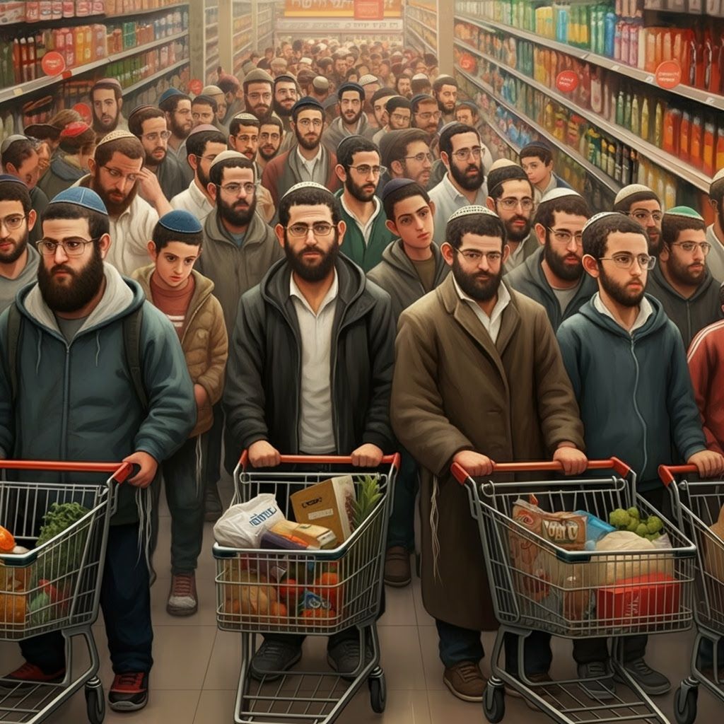 Realistic Painting of Israeli Men in Supermarket Queue