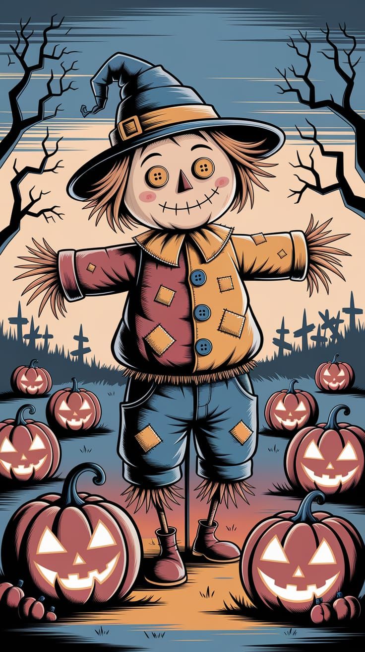 Whimsical Scarecrow in Twilight Pumpkin Field, Children's Bo...