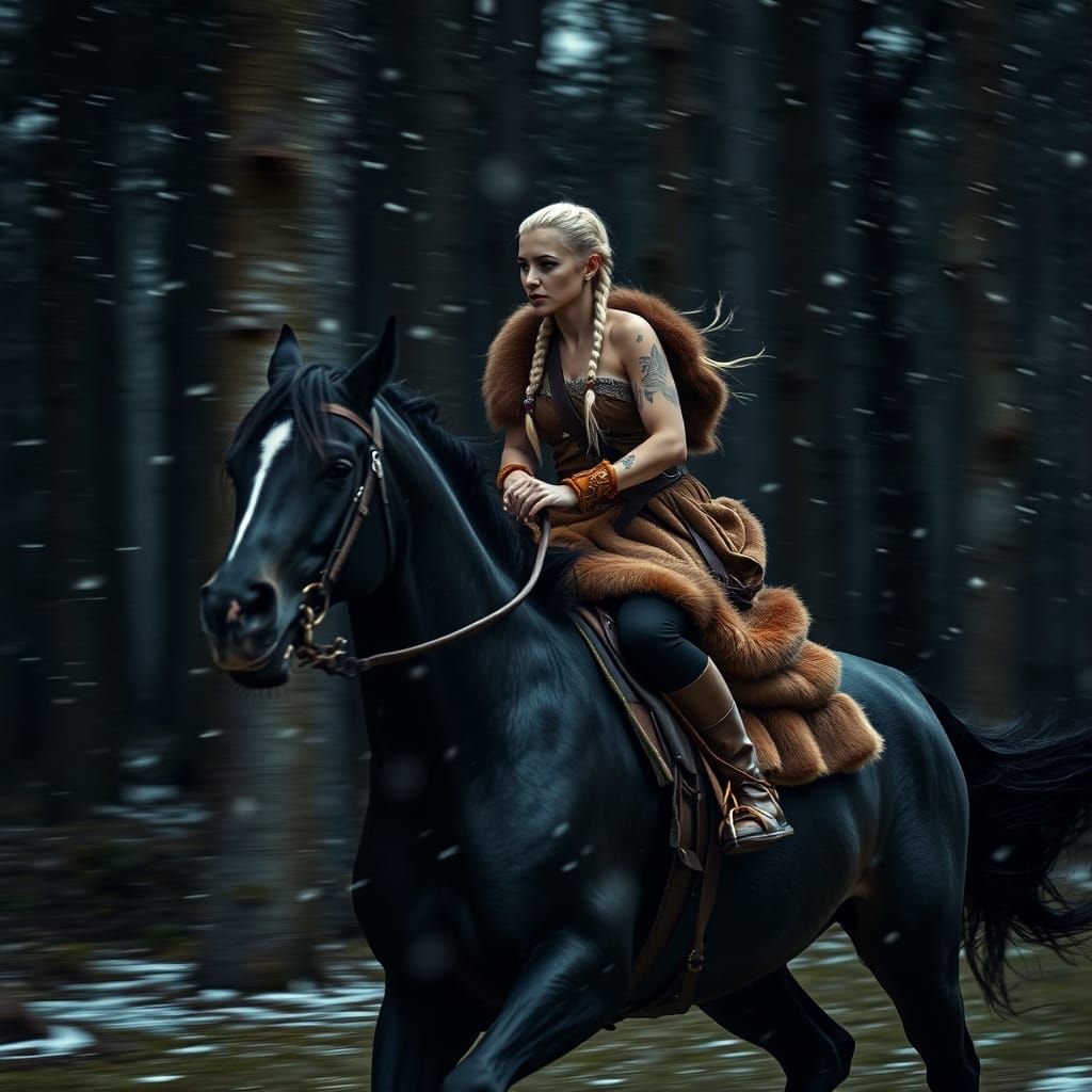 Woman Rides Horse Through Snowy Forest: 90s Flash Photo