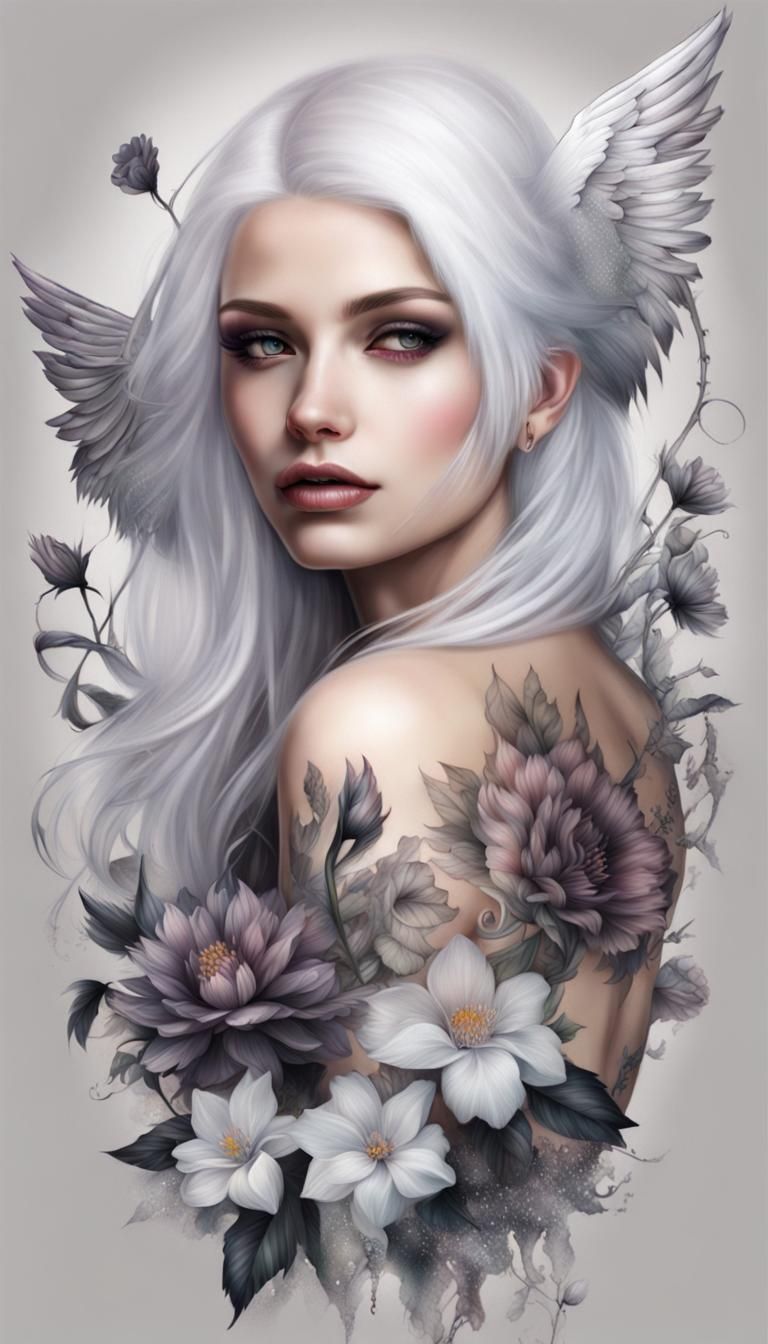 Iridescent Dark Angel Portrait with Flower Tattoos