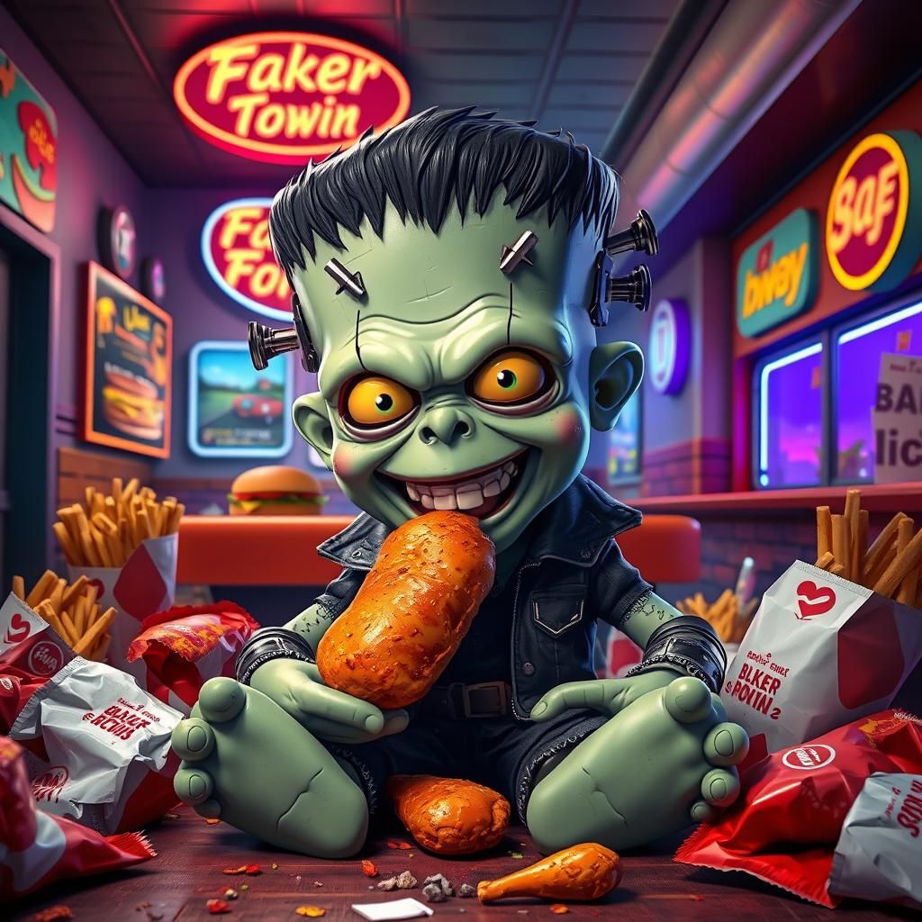 Baby Frankenstein's Fast Food Feast in 3D Cartoon Style