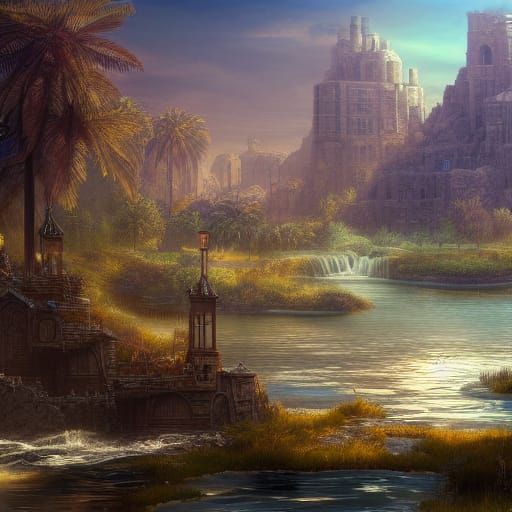 Babylon Rivers: Detailed Matte Painting in Deep Color