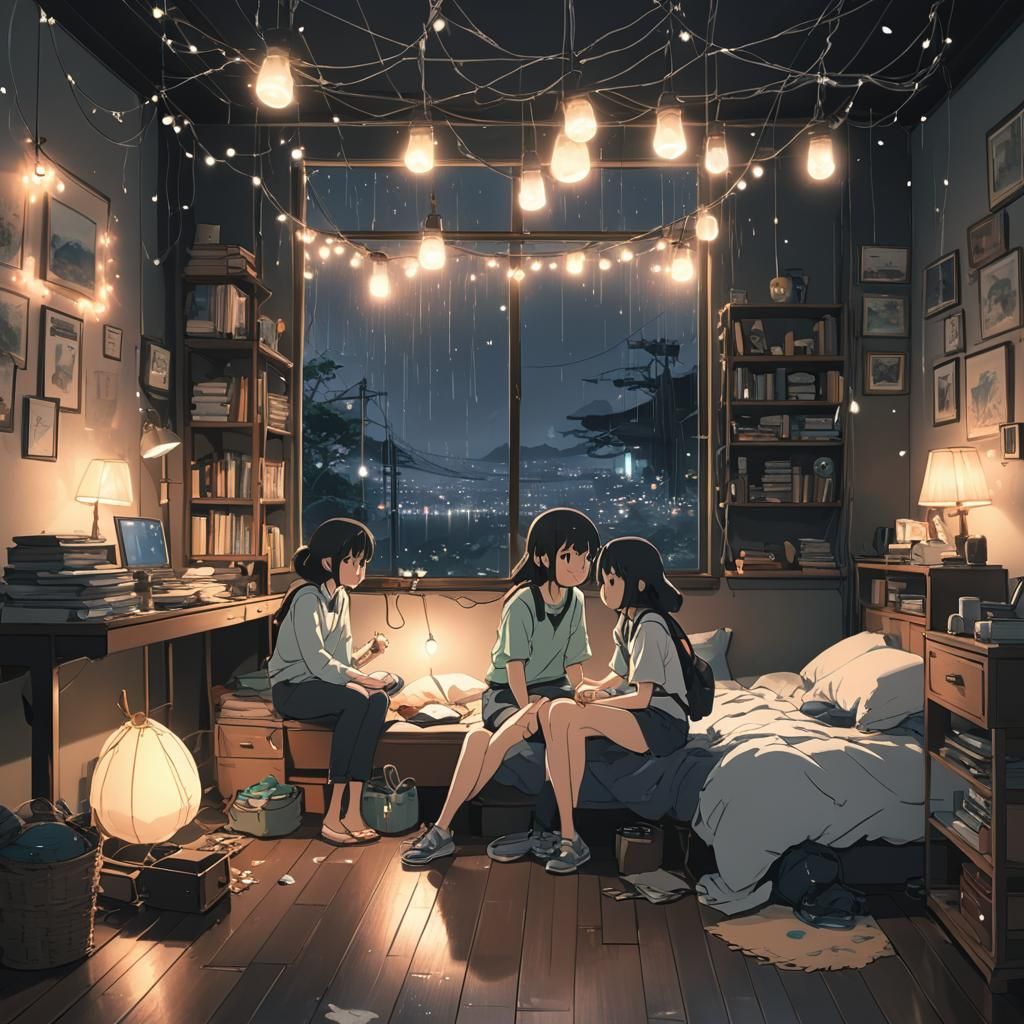 Girls Drawing in Rainy Bedroom, Studio Ghibli Style