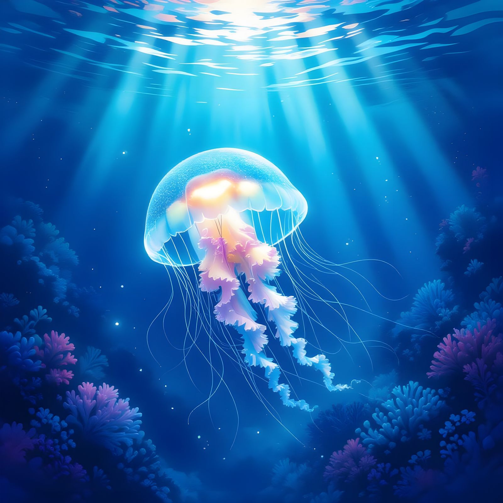 Ethereal Jellyfish in Bioluminescent Coral Forest