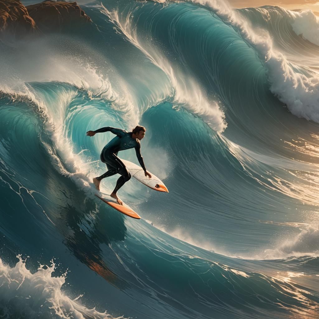Epic Surfer Rides Wave in Fantasy Ocean World