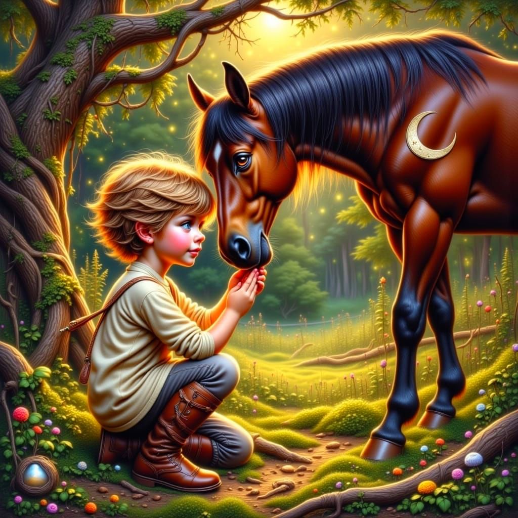 Boy and Horse Share a Quiet Moment in Sunlit Forest