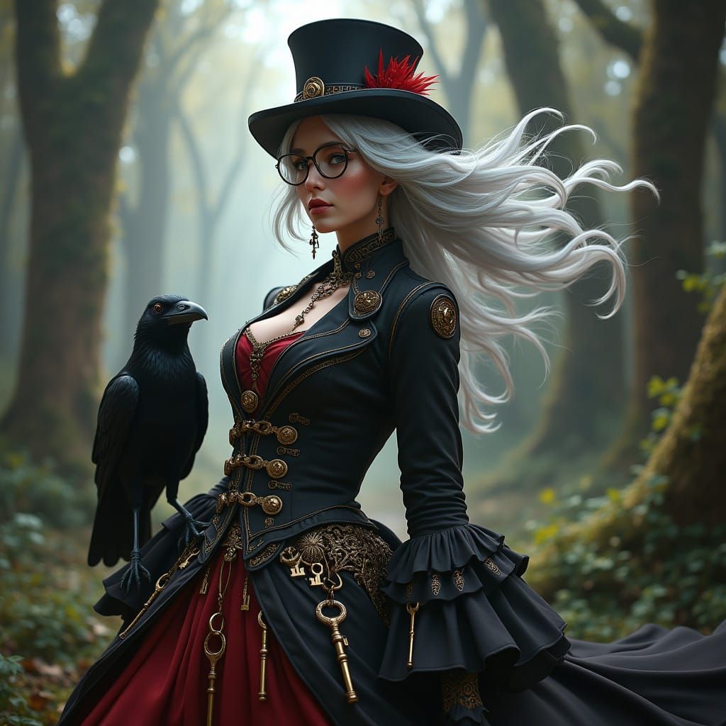 Steampunk inspired beautiful woman  with round glasses wearing a top hat with long windswept silver  hair wearing a long...