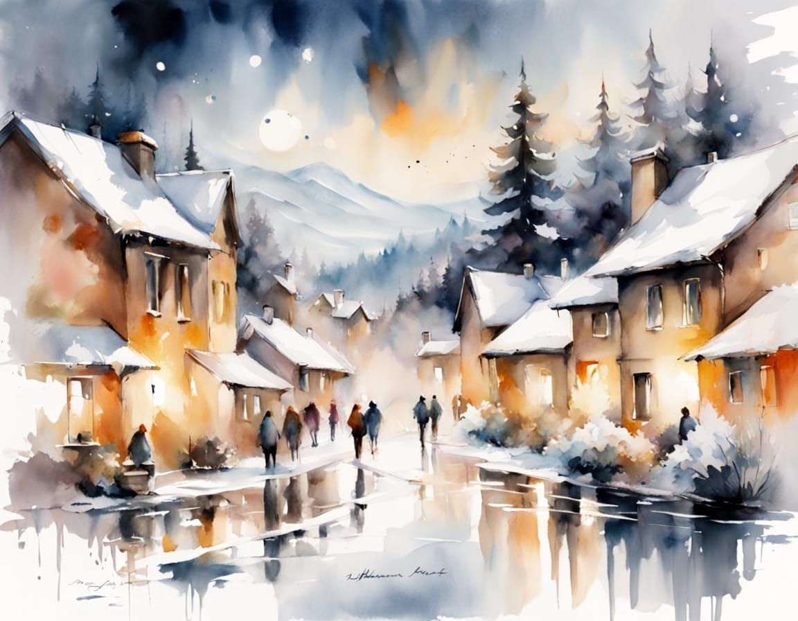 Peaceful Watercolour Village Scene with Lantern Light and Sk...