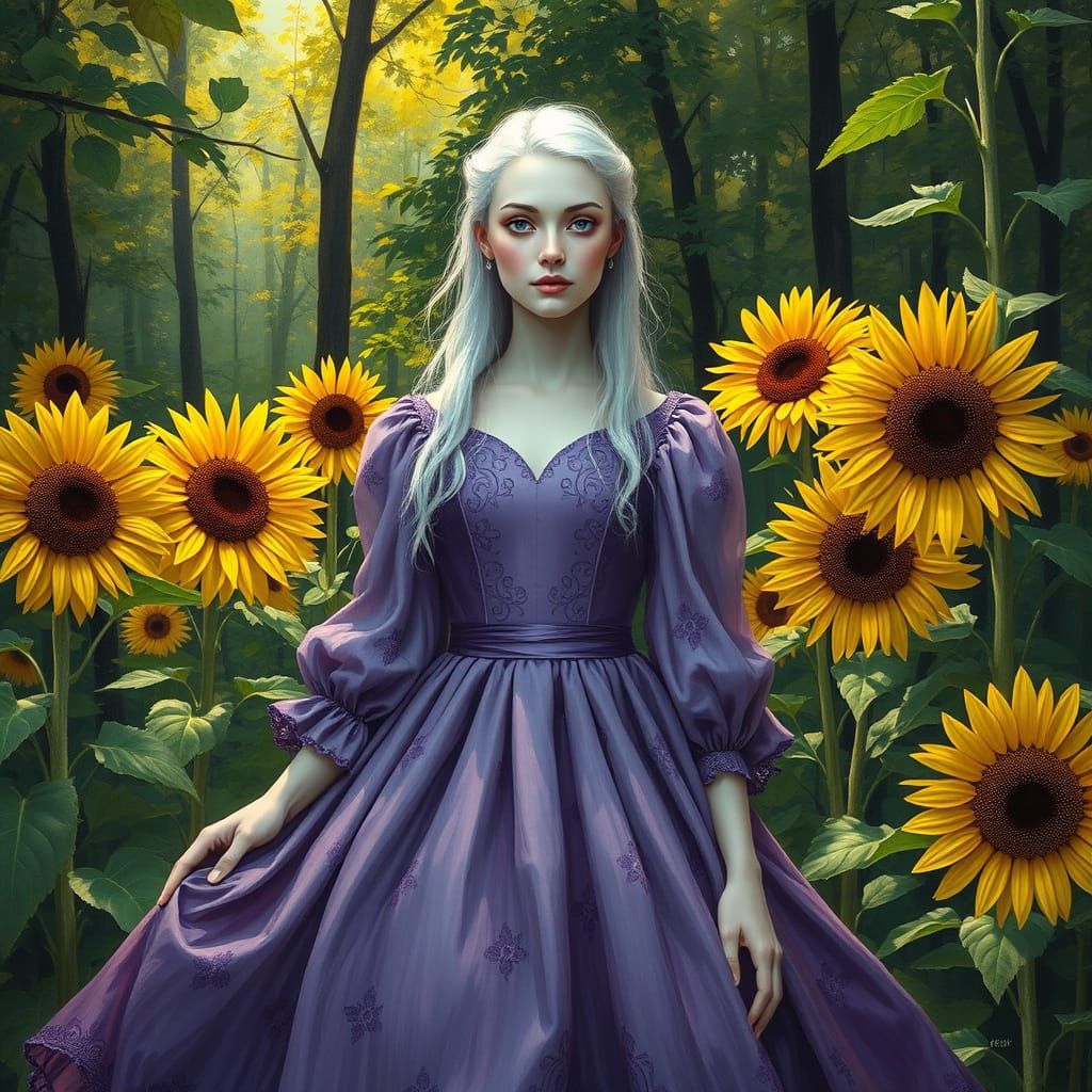 Ethereal Albina Woman in Lavender Forest with Sunflowers