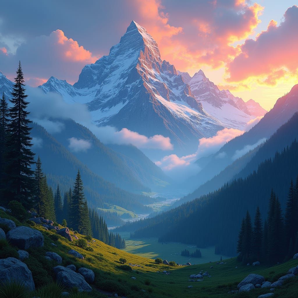 Majestic Mountain Landscape at Sunset in Digital Painting St...