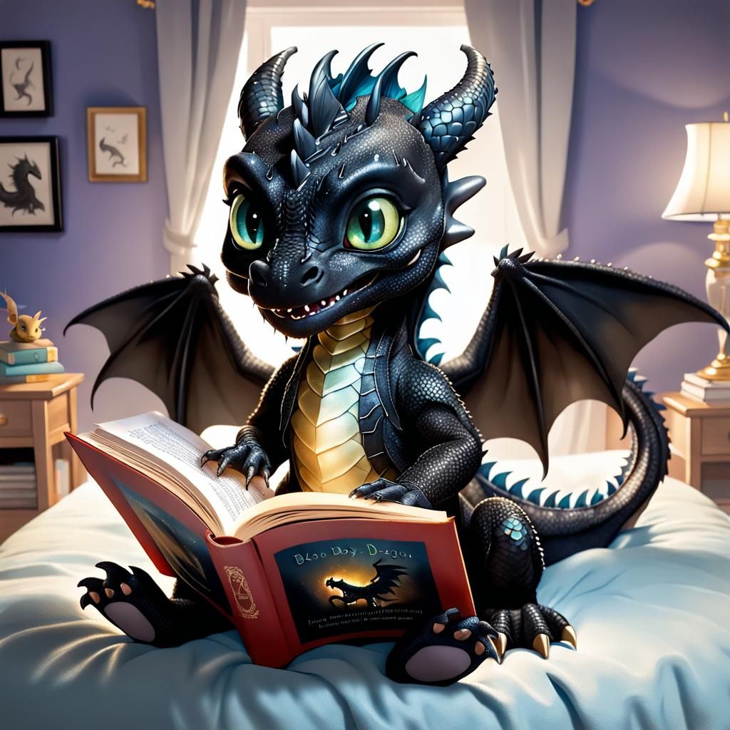 Adorable Black Dragon and Boy Reading