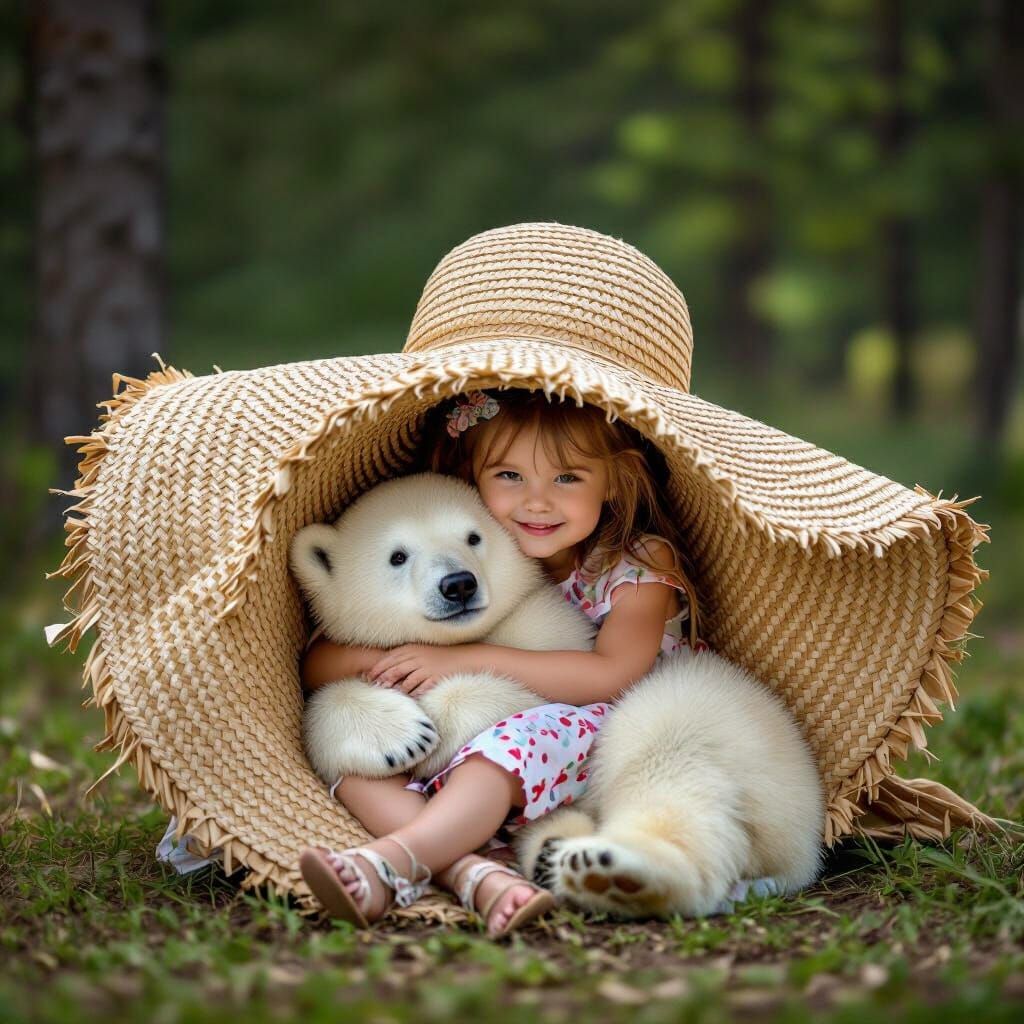 Girl Hugs Polar Bear Inside Giant Straw Hat