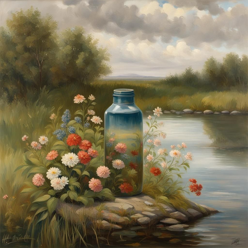 Time Capsule in Water Bottle, Nordic Landscape Painting