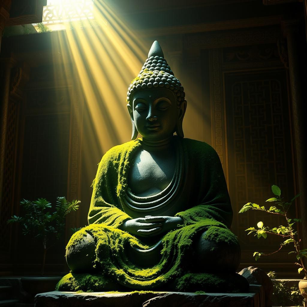 Moss-Covered Buddha Statue in Ancient Temple