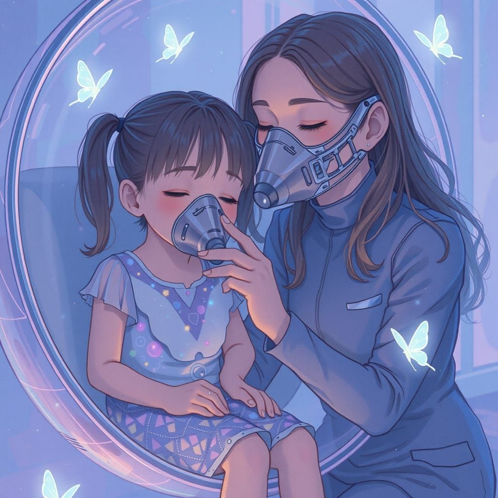 Girl in Futuristic Bubble Chair Surrounded by Holographic Bu...