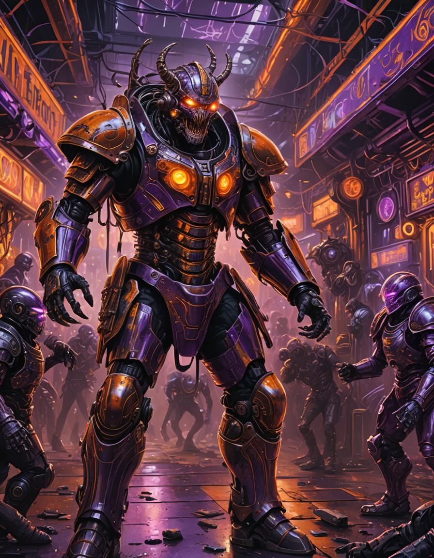 Biomechanical Armor Figure in Chaotic Circus Scene