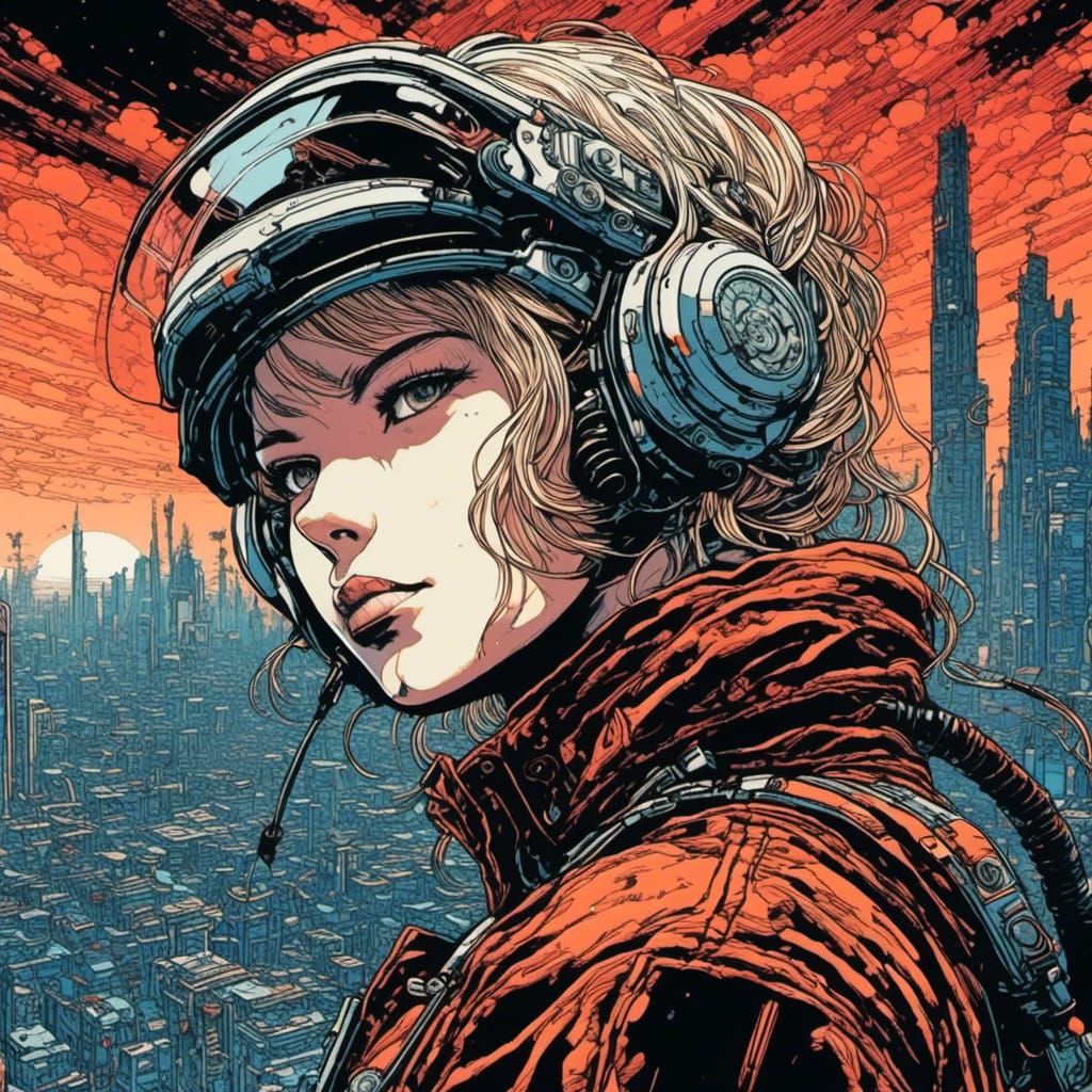 Cyborg Linocut Portrait in Cyberpunk Style