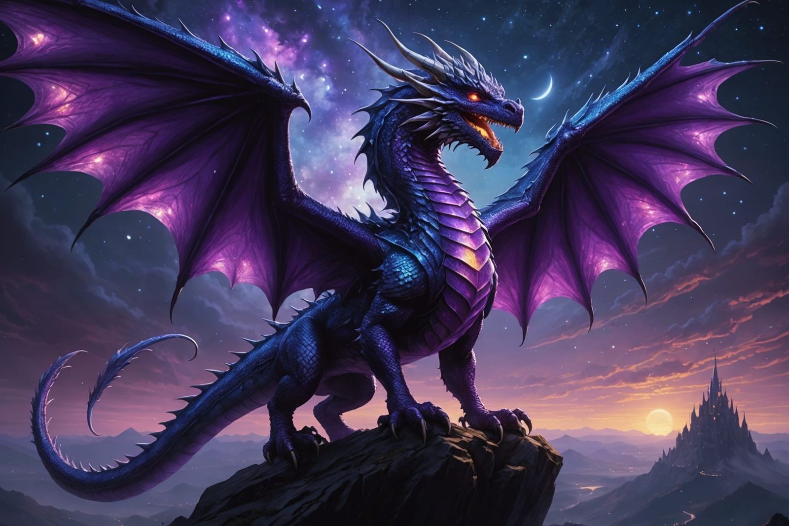 Iridescent Purple Dragon Soaring in the Night