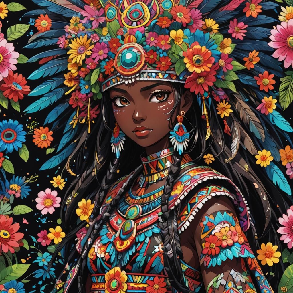 Aztec Girl in Anime Manga Style with Flowers