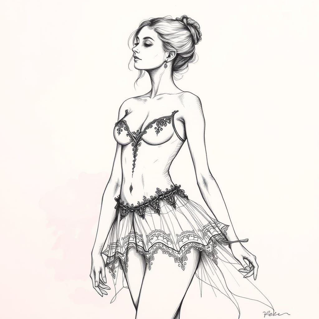 Ballerina in Intricate Ink Drawing Style with Fine Lines and...