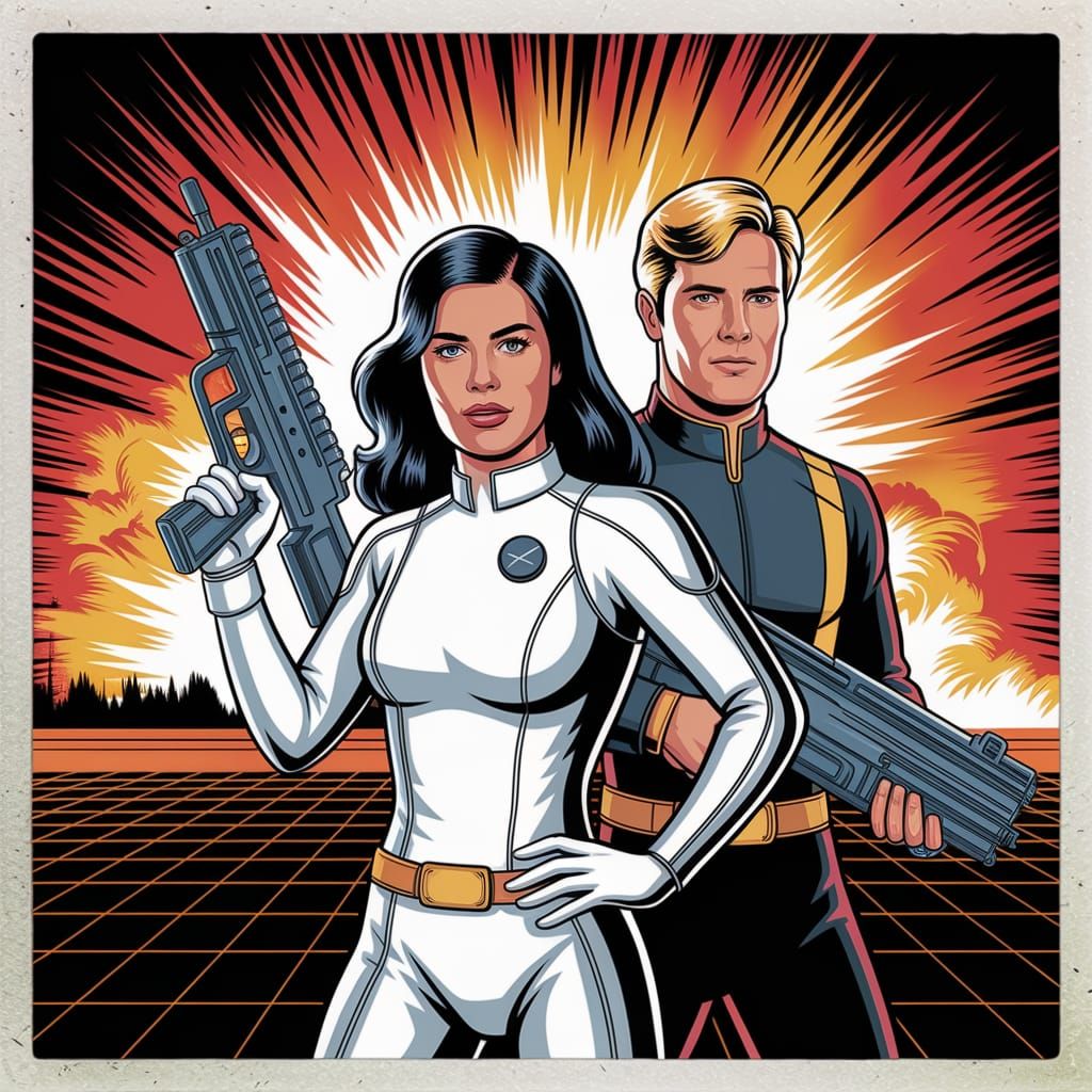 Retro Sci-Fi Illustration of Two Characters in Action