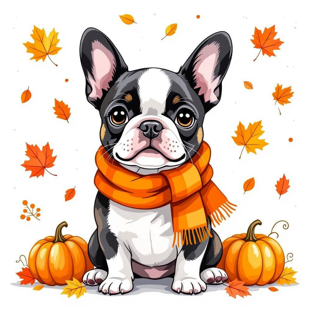 Whimsical Boston Terrier with Orange Scarf in Autumn Waterco...