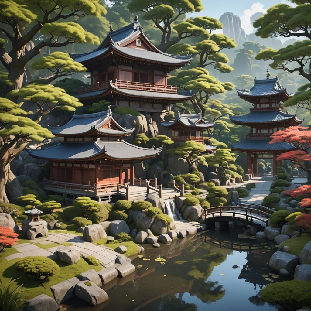 Japanese Temple and Tea Garden in Anime Style